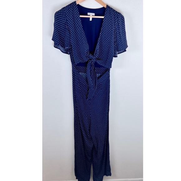 Leith Womens Tie Front Jumpsuit Small Navy Blue White Polka Dot Short Sleeve - Picture 4 of 9